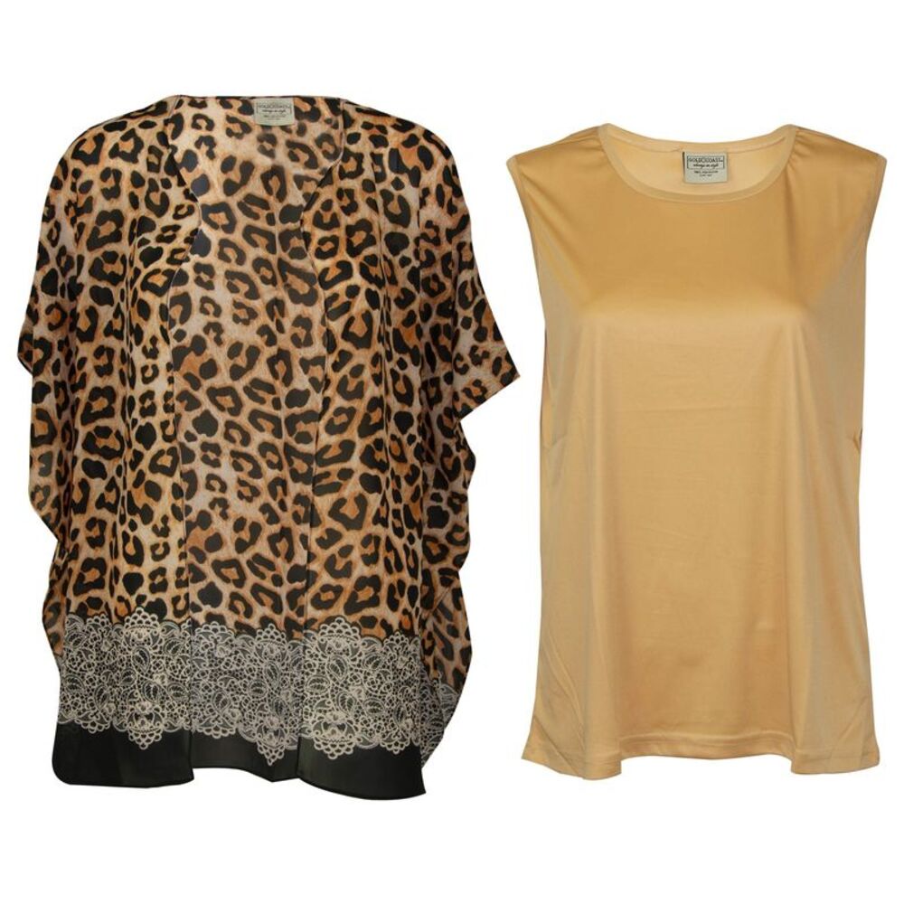 Gold Coast Women's Kimono Blouse & Tank Top Set in Gold Leopard Print, Medium